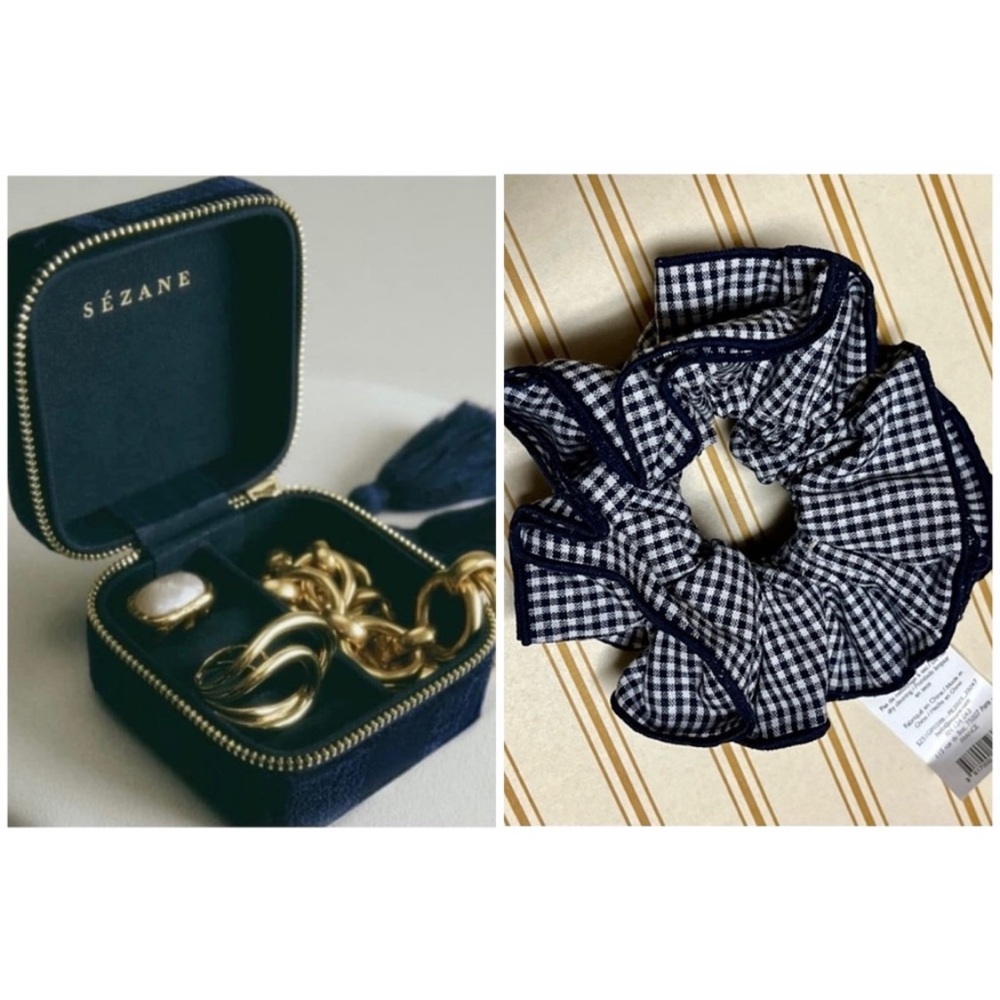 Sézane Navy Blue Embossed Velvet Jewelry Case